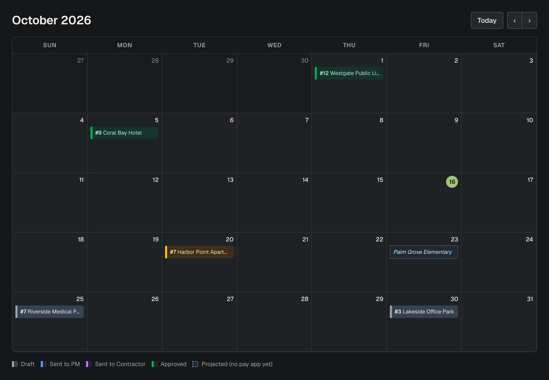subPAY.ai billing calendar showing pay app deadlines for several general contractors in October