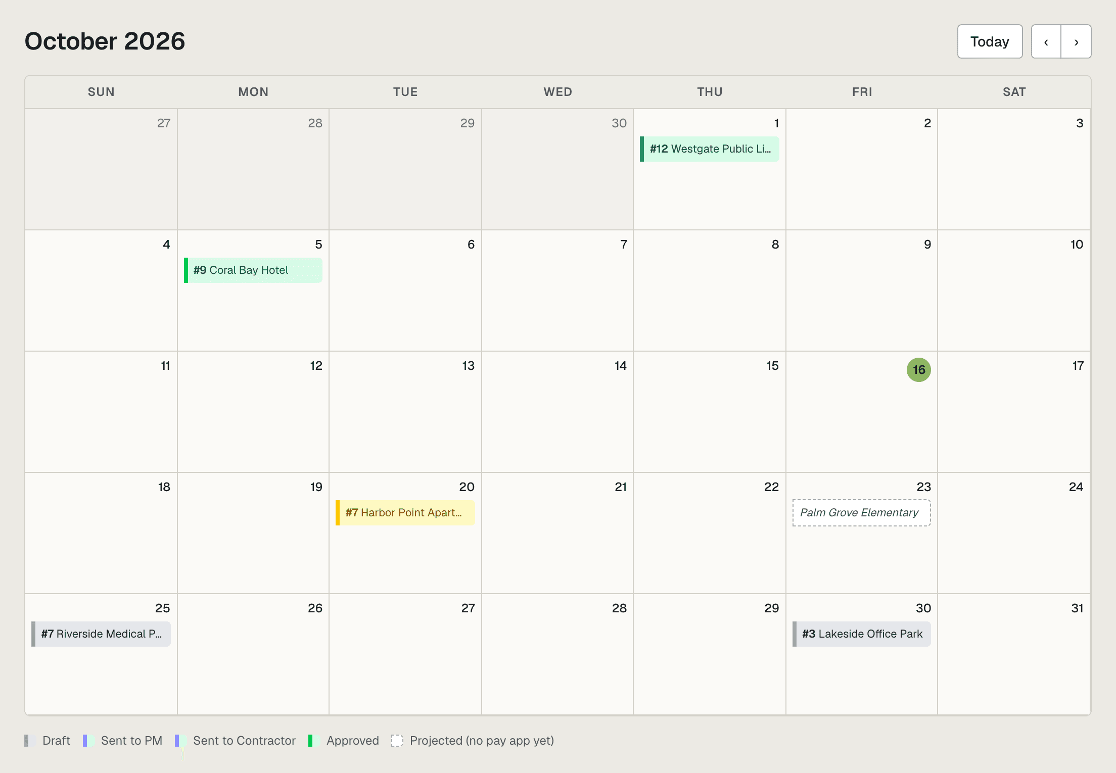 subPAY.ai billing calendar showing pay app deadlines for several general contractors in October