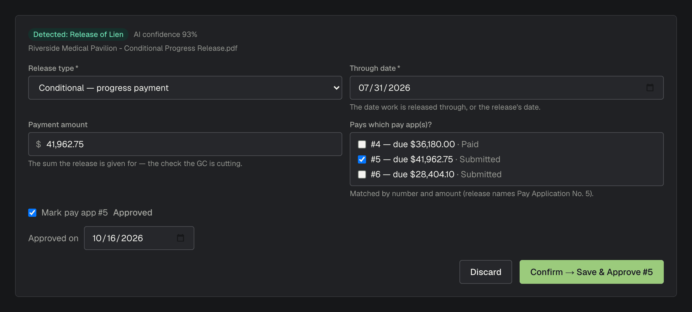 subPAY.ai matching a conditional progress release of lien to pay app number 5 and marking it approved