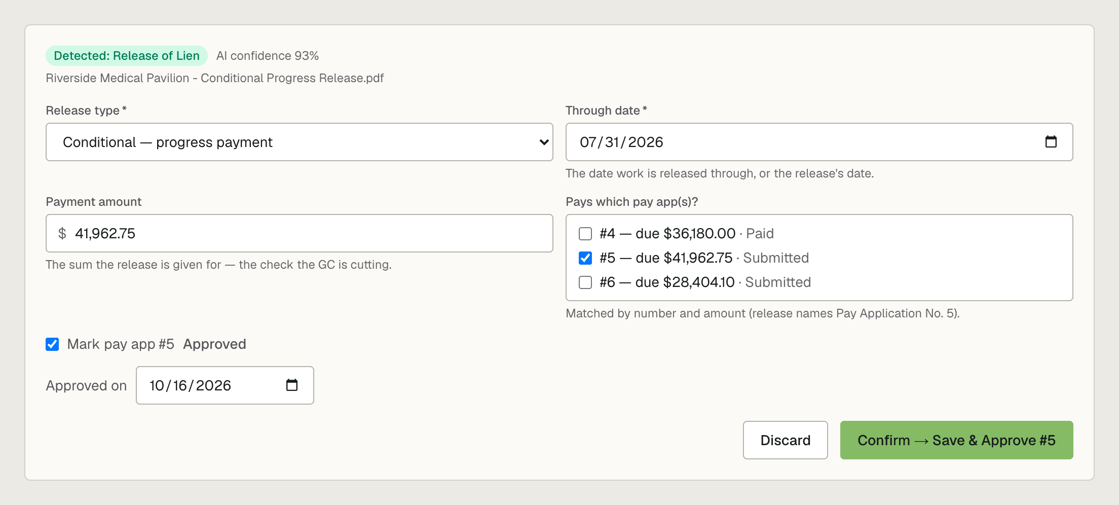 subPAY.ai matching a conditional progress release of lien to pay app number 5 and marking it approved