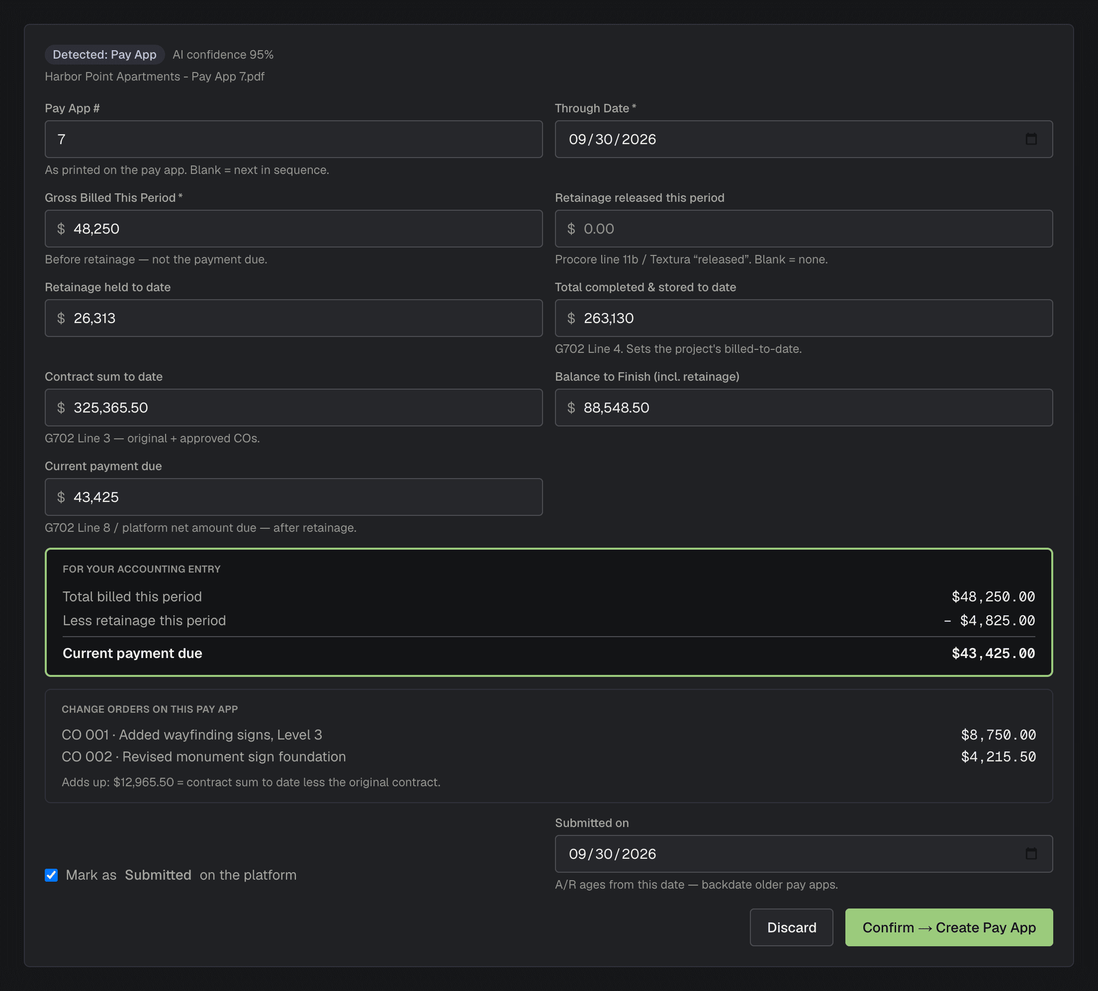 subPAY.ai Smart Import review card for a pay application, with gross billed, retainage, payment due and change orders