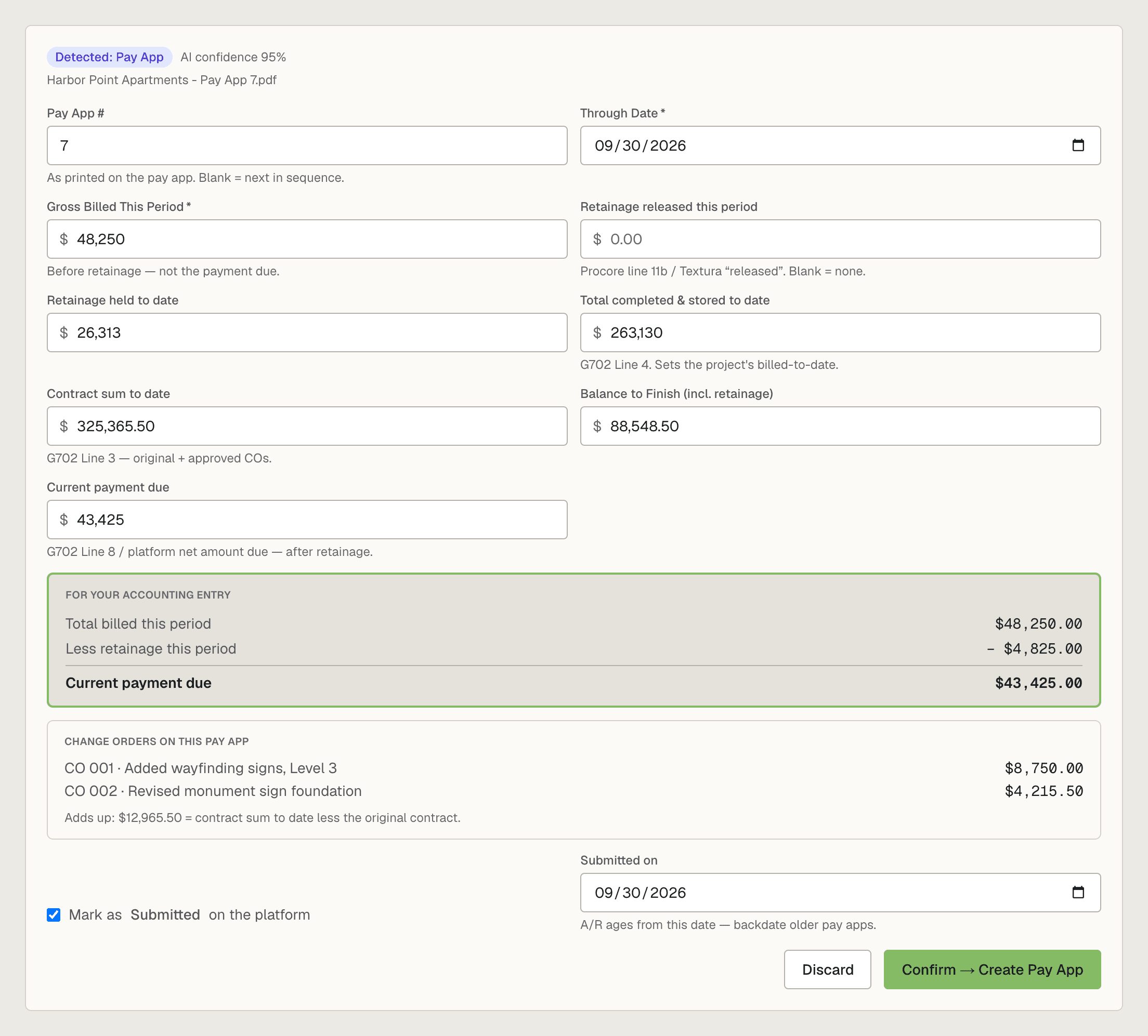 subPAY.ai Smart Import review card for a pay application, with gross billed, retainage, payment due and change orders
