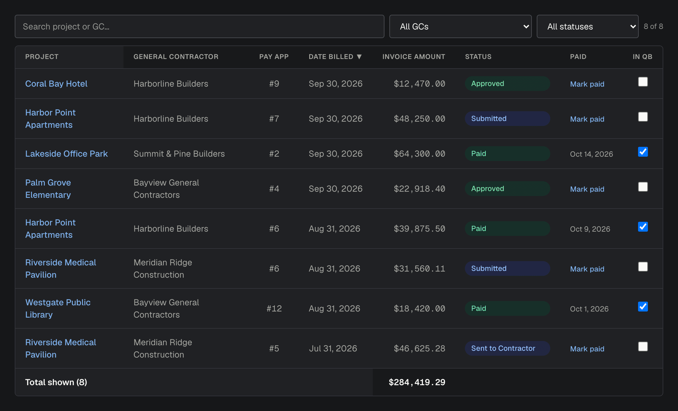 subPAY.ai pay app tracker listing pay applications by project, general contractor, amount and status