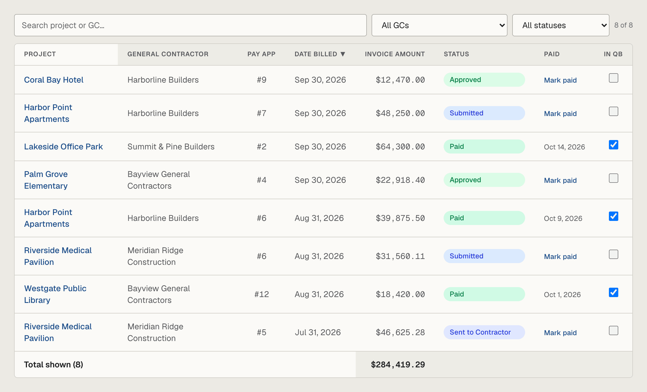 subPAY.ai pay app tracker listing pay applications by project, general contractor, amount and status